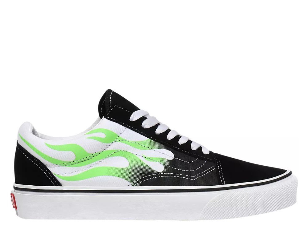 black and white vans with flames