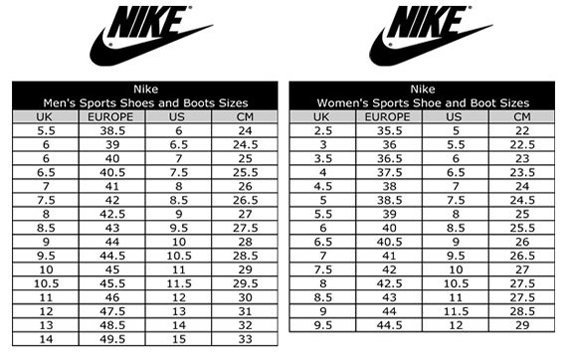 Таблица размеров фирменной обуви Nike.