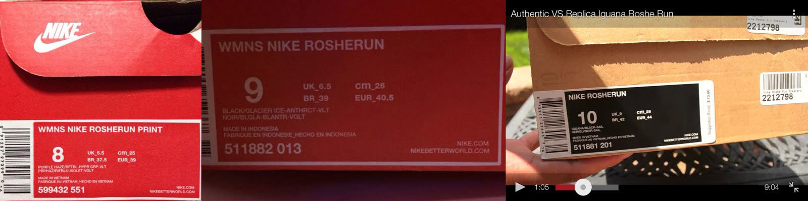 Информация на коробке фирменных кроссовок Nike Roshe One