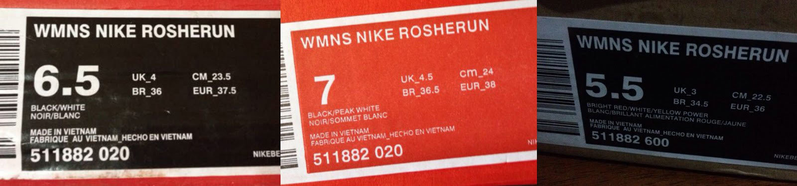 Информация на коробке поддельных кроссовок Nike Roshe One